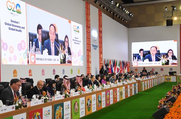 추경호 부총리 겸 기획재정부 장관이 17일(현지시간) 인도 간디나가르 마하트마만디르컨벤션센터(MMCC)에서 열린 G20 재무장관 중앙은행총재회의에 참석했다. (사진=기획재정부)